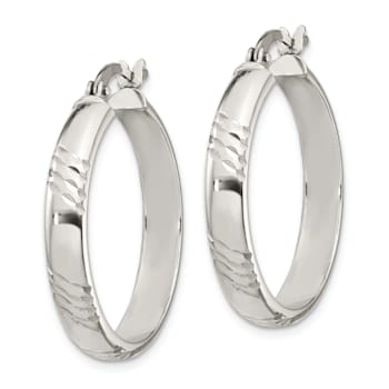 Sterling Silver Diamond-cut 6mm Bangle and 4mm Hoop Earring Set