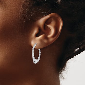 Rhodium Over Sterling Silver Diamond-cut Beaded Hoop Earrings