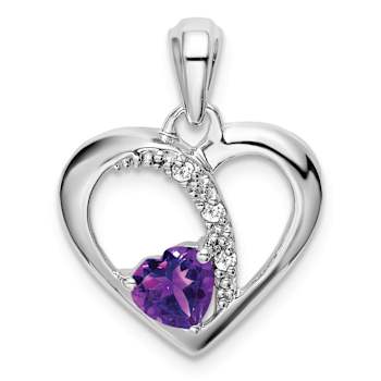 Rhodium Over 14k White Gold Amethyst and Diamond Heart Pendant