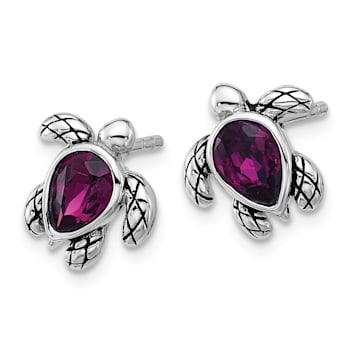 Rhodium Over Sterling Silver Antiqued Crystal February Birthstone Turtle Earrings