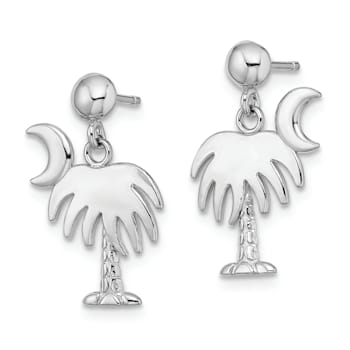 Rhodium Over 14k White Gold Charleston Palm Tree with Moon Dangle Earrings