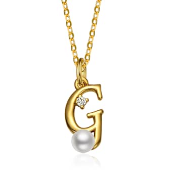 Initial G CZ And Pearl Simulant Pendant Necklace In 14K Gold Over Brass