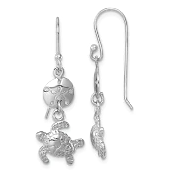 Rhodium Over Sterling Silver Sand Dollar And Turtle Dangle Earrings