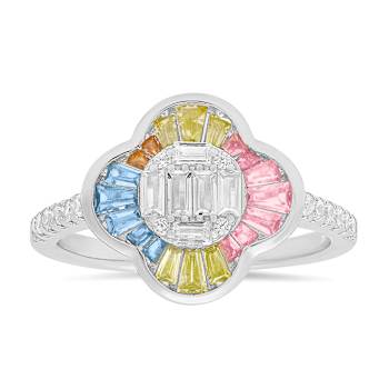 Multi-color Cubic Zirconia Rhodium Over Sterling Silver Clover Ring 1.44ctw
