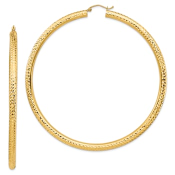 14k Yellow Gold 3 1/4" Diamond-Cut Round Tube Hoop Earrings