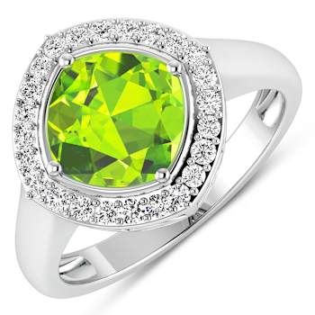 Cushion Cut Green Peridot and White Diamond 14K White Gold Halo Ring
2.26 ctw