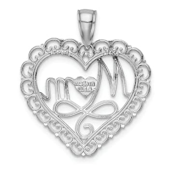 Rhodium Over 14k White Gold Polished and Textured Mom Scallop Heart Pendant
