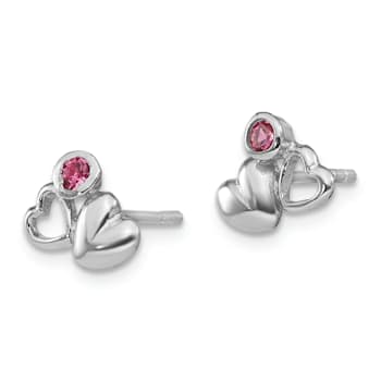 Rhodium Over Sterling Silver Child's Pink Preciosa Crystal Heart Post Earrings