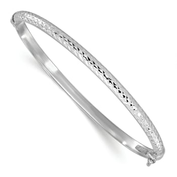 Rhodium Over 14K White Gold Diamond Cut 4mm Hinged Bangle