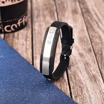 Mens Stainless Steel with Carbon Fiber and Black Leather Bar Bracelet