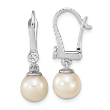 Rhodium Over 14K White Gold 7-8mm Round White Saltwater Akoya Pearl
0.05ctw Diamond Dangle Earrings