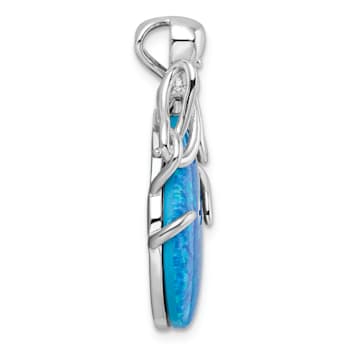Rhodium Over Sterling Silver Blue Created Opal Octopus Chain Slide Pendant