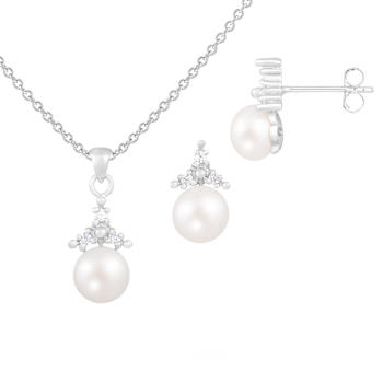 6-7mm Button White Freshwater Pearl and CZ Rhodium Over Sterling Earring
and Pendant W/Chain Set