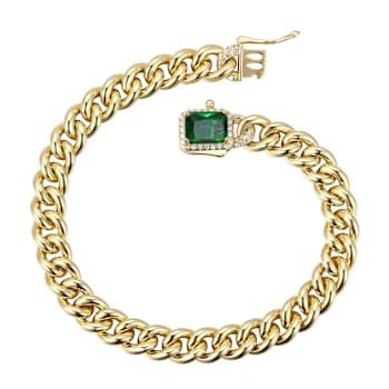 Green CZ Halo Cluster Curb Chain Bracelet In 14K Gold Over Brass
