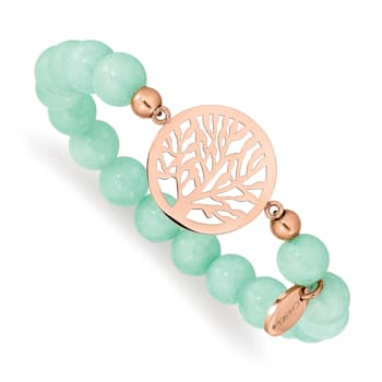 Rose Stainless Steel Polished Tree Green Dyed Jade Stretch Bracelet
