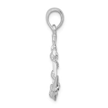 Rhodium Over Sterling Silver 3D Anchor with Rope and Shackle Pendant