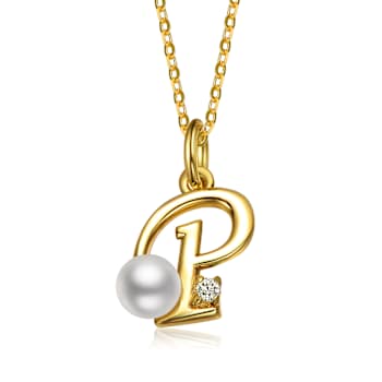 Initial P CZ And Pearl Simulant Pendant Necklace In 14K Gold Over Brass