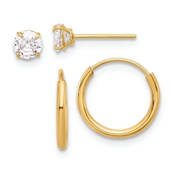 14k Yellow Gold Polished 4.5mm Cubic Zirconia Studs and Small 7/16"
Endless Hoop Earring Set