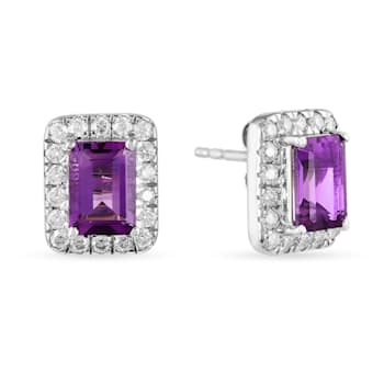 Purple Amethyst with Moissanite Accents Rhodium Over Sterling Silver
Halo Stud Earrings