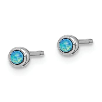 Rhodium Over Sterling Silver Polished 3mm Created Opal Round Stud Earrings