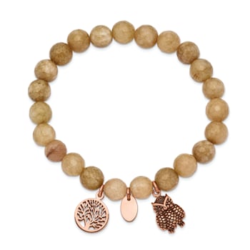 Rose Stainless Steel Antiqued and Polished Owl Taupe Dyed Jade Bracelet