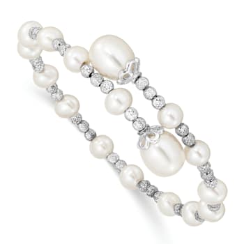 Rhodium Over Sterling Silver 5-6mm and 8mm White Freshwater Cultured
Pearl Coil Bangle