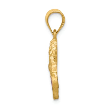 14k Yellow Gold Satin and Diamond-Cut Angel on Red Enameled Heart Pendant