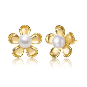 Pear Shape Freshwater Pearl Daisy Stud Earrings In 14K Gold Over
Sterling Silver