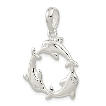 Rhodium Over Sterling Silver Polished 3 Dolphin Circle Pendant