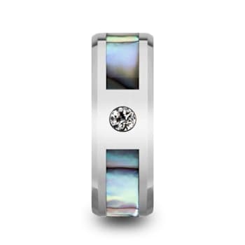 HONOLULU Mother of Pearl Inlay Tungsten Carbide Ring with Beveled Edges
and White Diamond 8mm