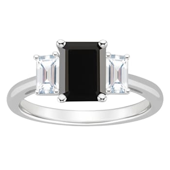 8x6mm Emerald Cut Black Onyx And White Topaz Rhodium Over Sterling
Silver 3-Stone Ring