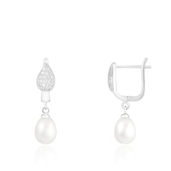 8-8.5mm White Cultured Freshwater Pearl Rhodium Over Sterling Silver Earrings