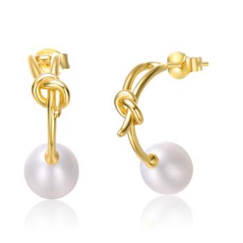 Pear Shape Freshwater Pearl Love Knot Half-Hoop Earrings In 14K Gold
Over Sterling Silver