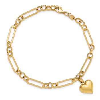 14k Yellow Gold Polished Heart Charm Link Bracelet