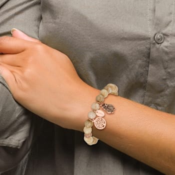 Rose Stainless Steel Antiqued and Polished Owl Taupe Dyed Jade Bracelet