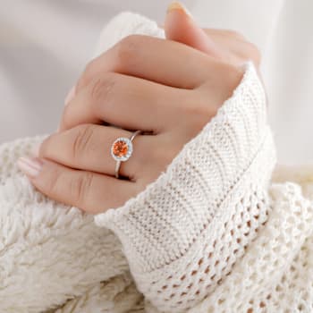 Peach Orange Rhodium Over Sterling Silver Lab Created Padparadscha
Sapphire Halo Ring