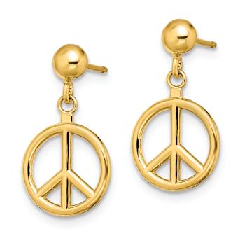 14k Yellow Gold Polished and Textured Peace Symbol Dangle Earrings