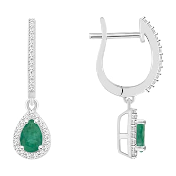 6x4mm Pear Shape Emerald 1/3 ctw Diamond Rhodium Over Sterling Silver
Halo Dangle Earrings