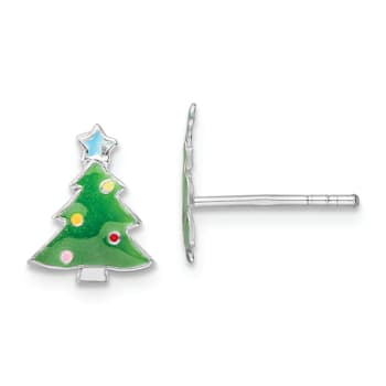 Rhodium Over Sterling Silver Enamel Kids Christmas Tree Post Earrings