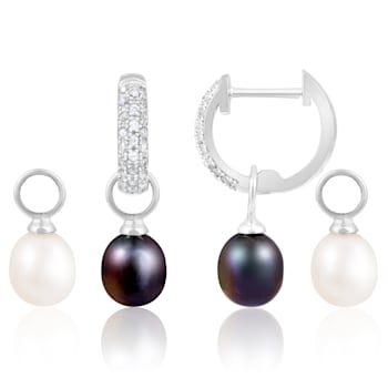 7-8mm White Black Cultured Freshwater Pearl and Cubic Zirconia Rhodium
Over Sterling Silver Earrings