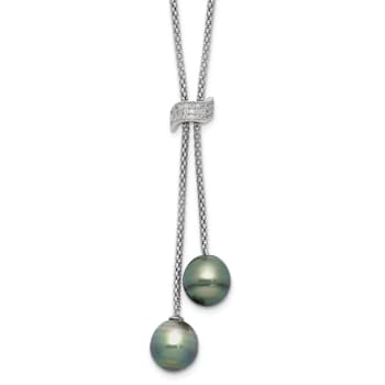 Rhodium Over Sterling Silver Tahitian Pearl/Cubic Zirconia Dangle with
2-inch Extension Necklace