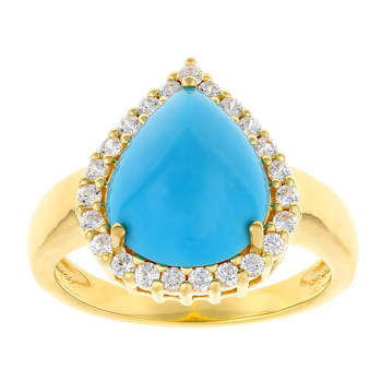 Turquoise Pear And White Zircon Ring In 18K Gold Over Sterling Silver 0.41ctw