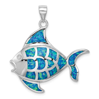 Rhodium Over Sterling Silver Lab Created Blue Opal Fish Pendant