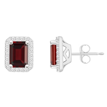 7x5mm Emerald Cut Garnet 1/5 ctw Diamond Rhodium Over Sterling Silver
Halo Stud Earrings