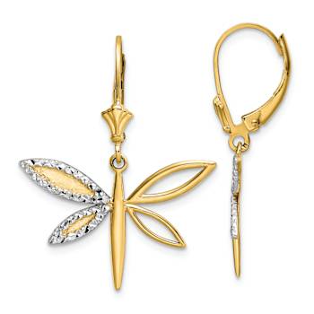 14K Yellow Gold and Rhodium Over 14K Yellow Gold Diamond-Cut Dragonfly
Dangle Earrings
