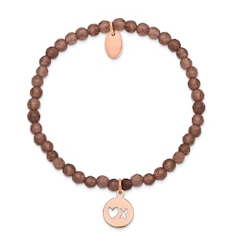 Rose Stainless Steel Polished XO Brown Jade Stretch Bracelet