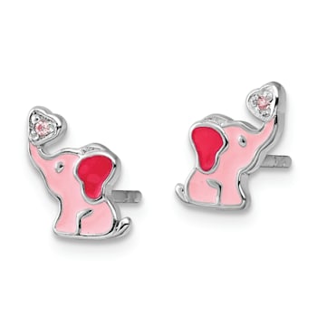 Rhodium Over Sterling Silver Pink Enamel and Cubic Zirconia Elephant
Children's Post Earrings