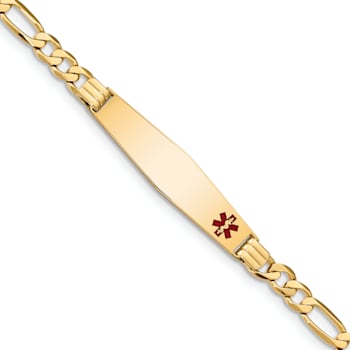 14k Yellow Gold Medical Soft Diamond Shape Red Enamel Flat Figaro Link
ID Bracelet