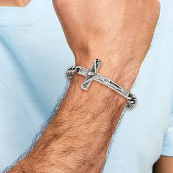 Stainless Steel Antiqued and Polished Crucifix Bracelet
