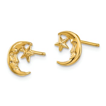 14K Yellow Gold Moon and Star Post Earrings